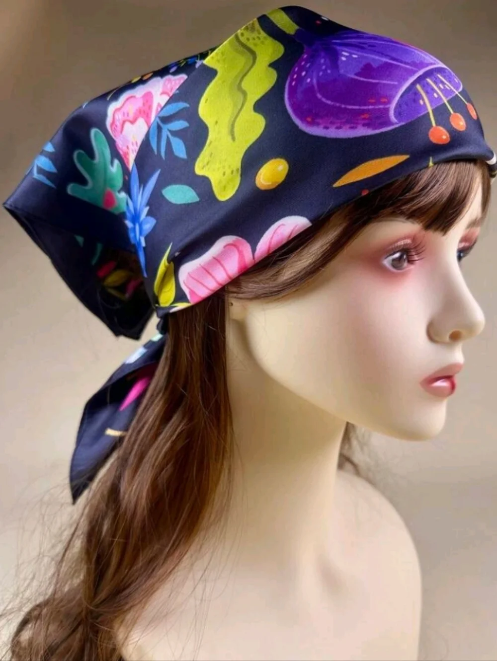 Floral Multicolor Satin Scarf on Black Background Summer Beach Festival Vacation